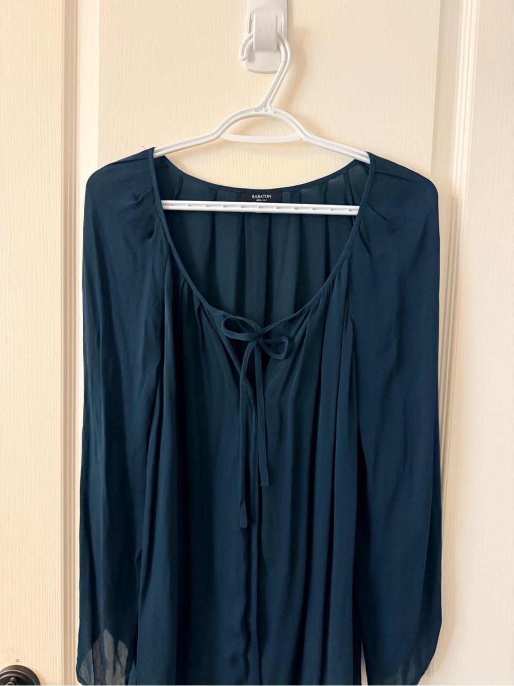 Aritzia Dark Teal Flowy Silk Long Sleeve Blouse